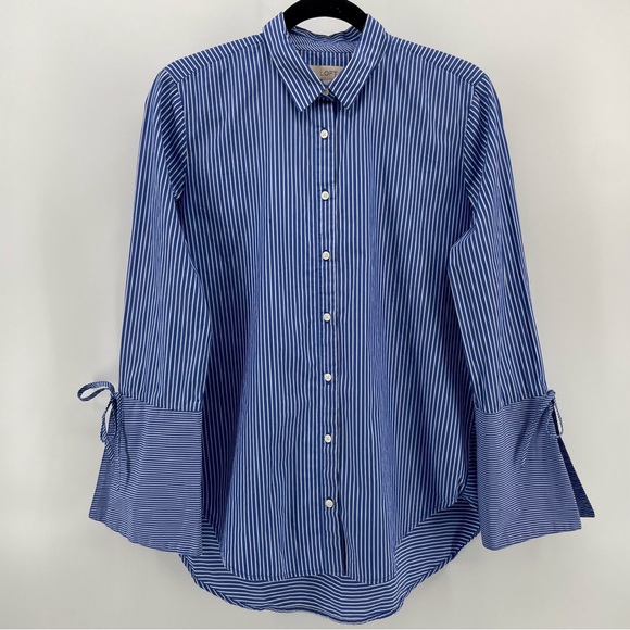 Loft Buttoned Shirt Blue Stripes Bell Sleeves 100% Cotton S - Picture 1 of 6